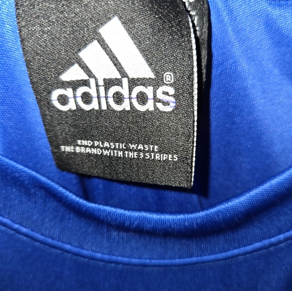 NWT Lg Adidas Trefoil 3 Stripes Blue Short Sleeve Dryfit Breathable - Picture 5 of 8